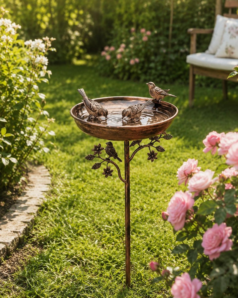 Piquet de jardin en métal pour bain d'oiseaux vintage, mangeoire extérieure rustique