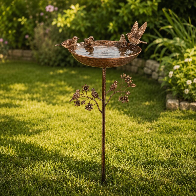 Piquet de jardin en métal pour bain d'oiseaux vintage, mangeoire extérieure rustique