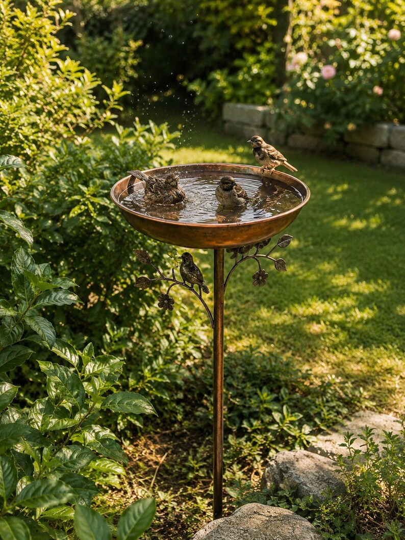 Piquet de jardin en métal pour bain d'oiseaux vintage, mangeoire extérieure rustique