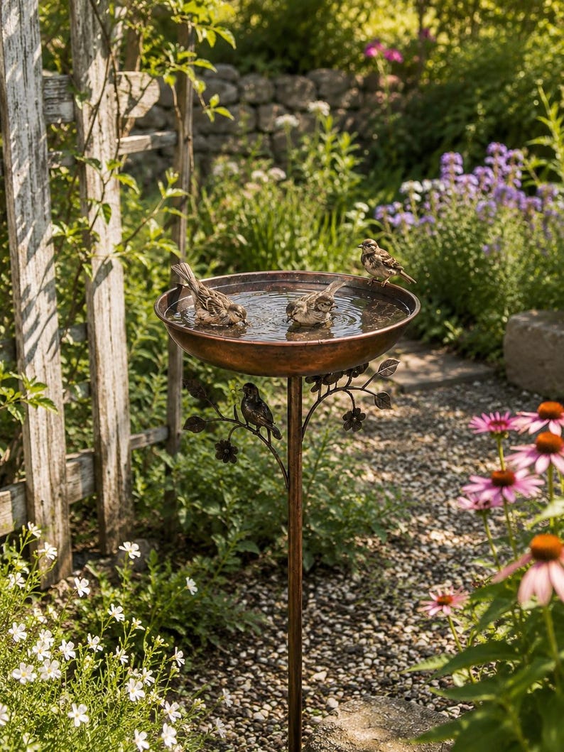 Piquet de jardin en métal pour bain d'oiseaux vintage, mangeoire extérieure rustique
