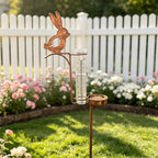 Pluviomètre en métal lapin 93 cm avec mangeoire à oiseaux, Décoration de jardin style ferme