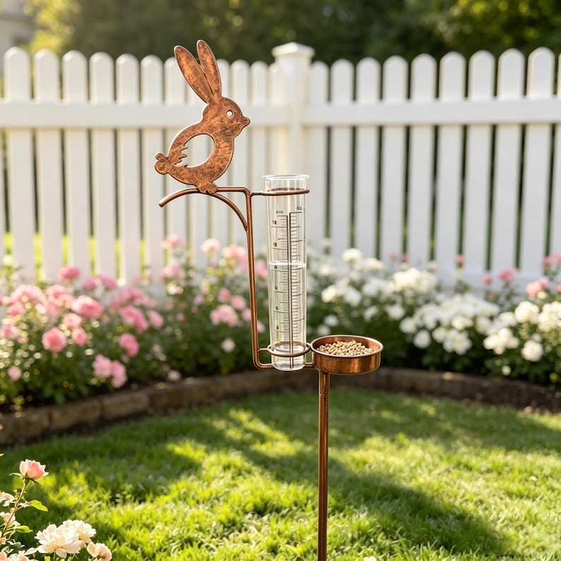 Pluviomètre en métal lapin 93 cm avec mangeoire à oiseaux, Décoration de jardin style ferme