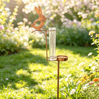 Pluviomètre en métal lapin 93 cm avec mangeoire à oiseaux, Décoration de jardin style ferme