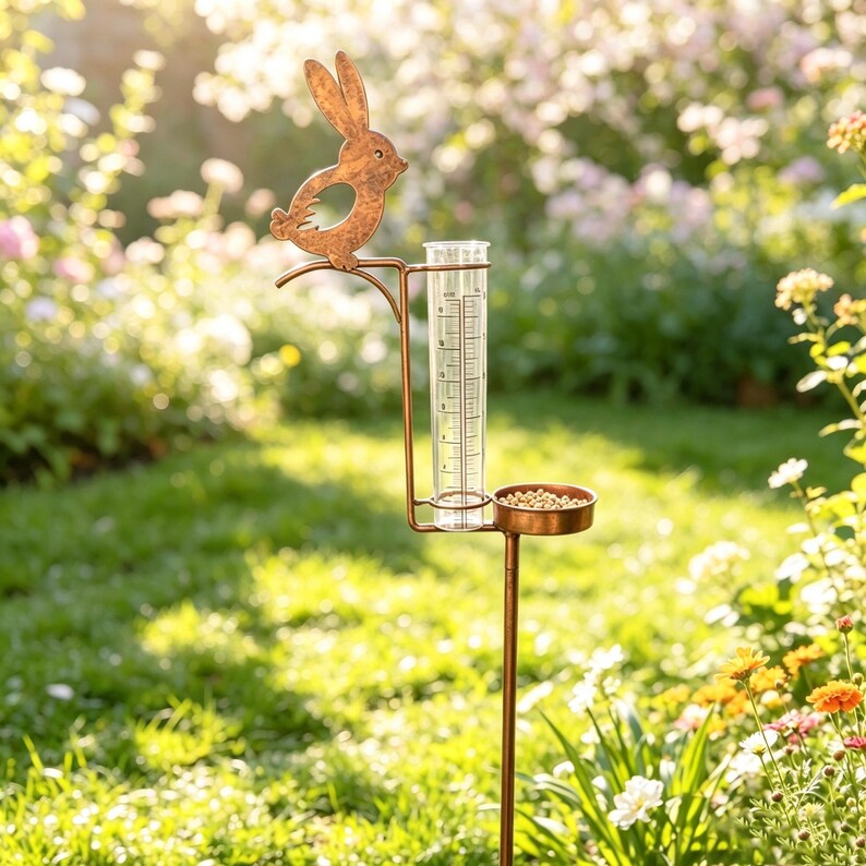 Pluviomètre en métal lapin 93 cm avec mangeoire à oiseaux, Décoration de jardin style ferme