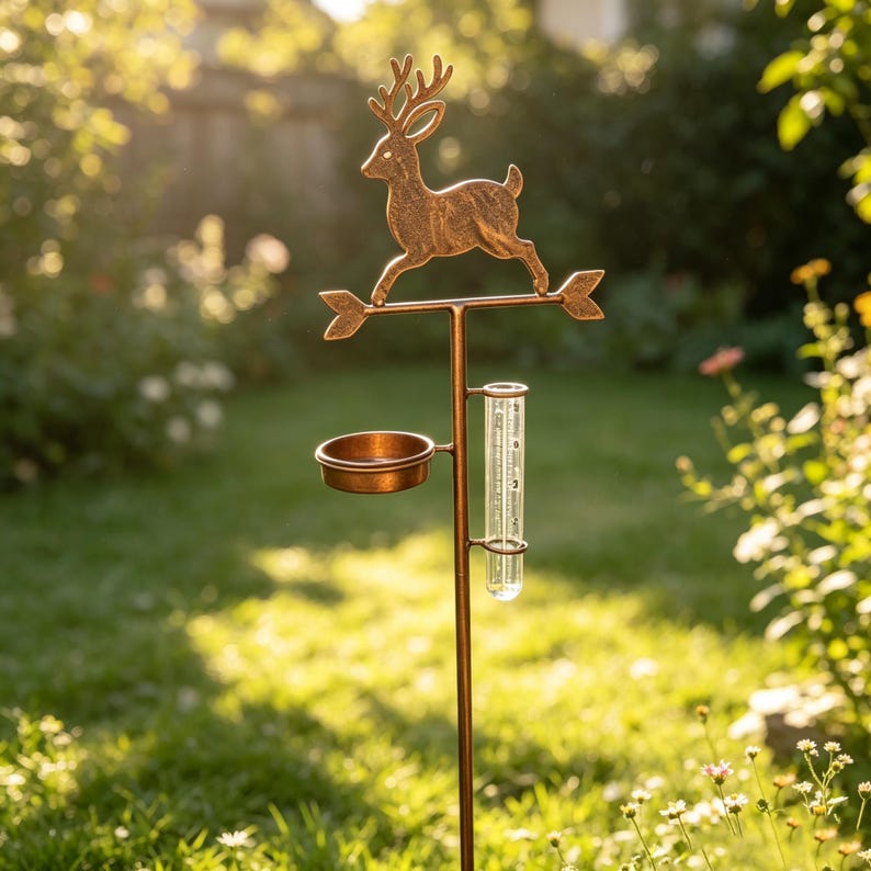 Pluviomètre en métal en forme de cerf avec mangeoire à oiseaux, décoration de jardin pour mesurer les précipitations