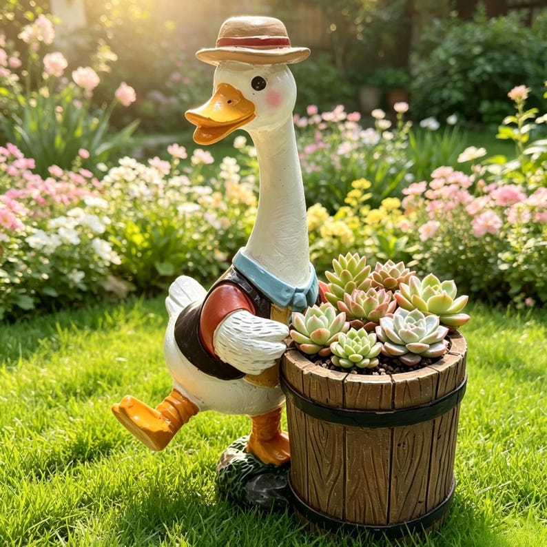 Pot de fleurs en résine canard fermier avec jardinière tonneau pour plantes succulentes, décoration jardin extérieur