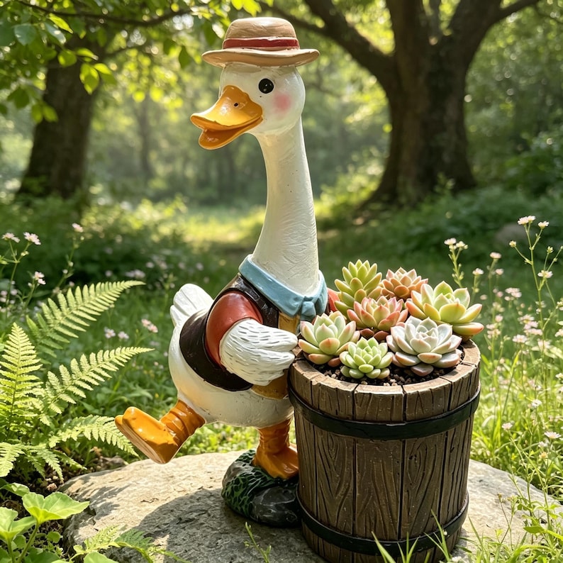 Pot de fleurs en résine canard fermier avec jardinière tonneau pour plantes succulentes, décoration jardin extérieur