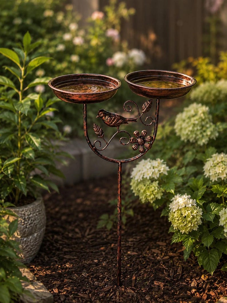 Bain d'oiseaux double en cuivre antique avec mangeoire, métal résistant aux intempéries, pour jardin et terrasse