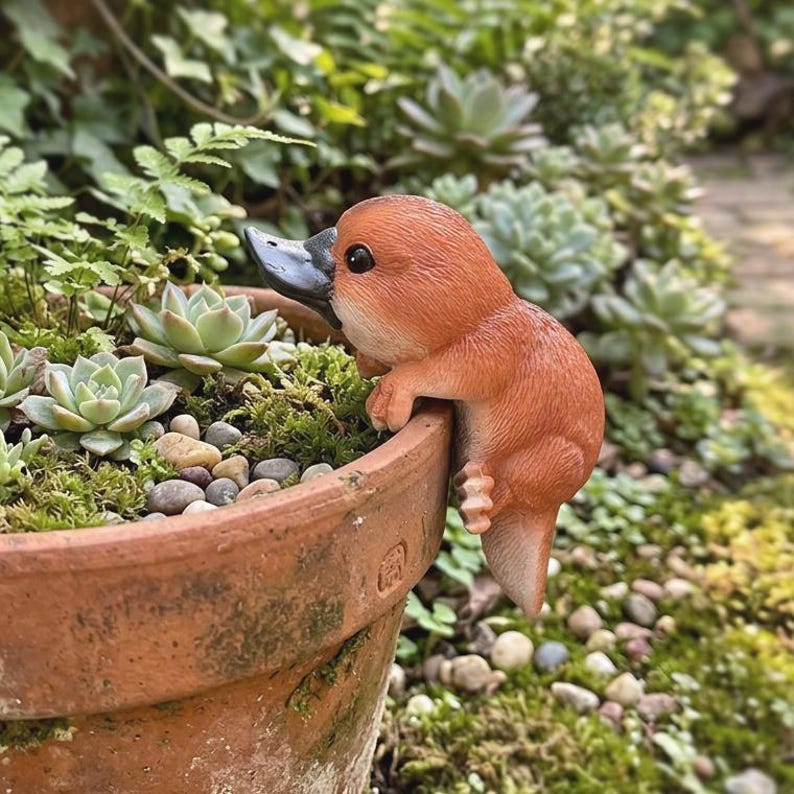 Lot de 3 Décorations de Jardin en Résine – Pot Suspendu Ornithorynque, Figurine Succulente avec Mousse