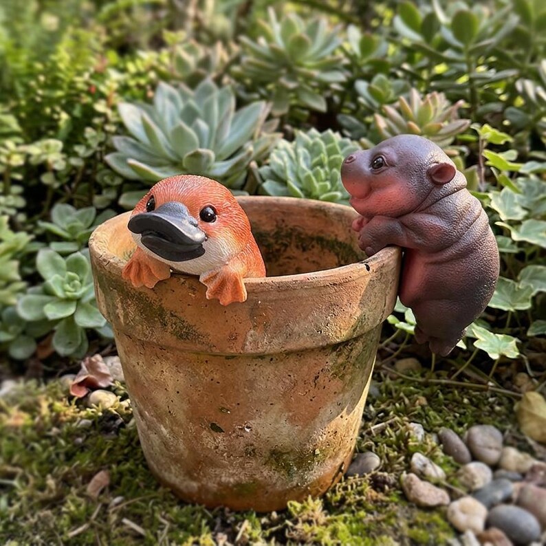 Lot de 3 Décorations de Jardin en Résine – Pot Suspendu Ornithorynque, Figurine Succulente avec Mousse
