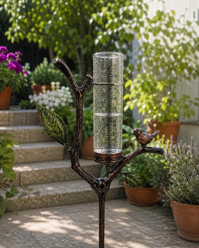 Pluviomètre décoratif à piquer en métal pour jardin, outil de mesure des précipitations extérieur, bronze