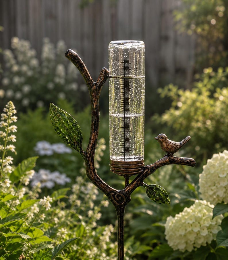Pluviomètre décoratif à piquer en métal pour jardin, outil de mesure des précipitations extérieur, bronze