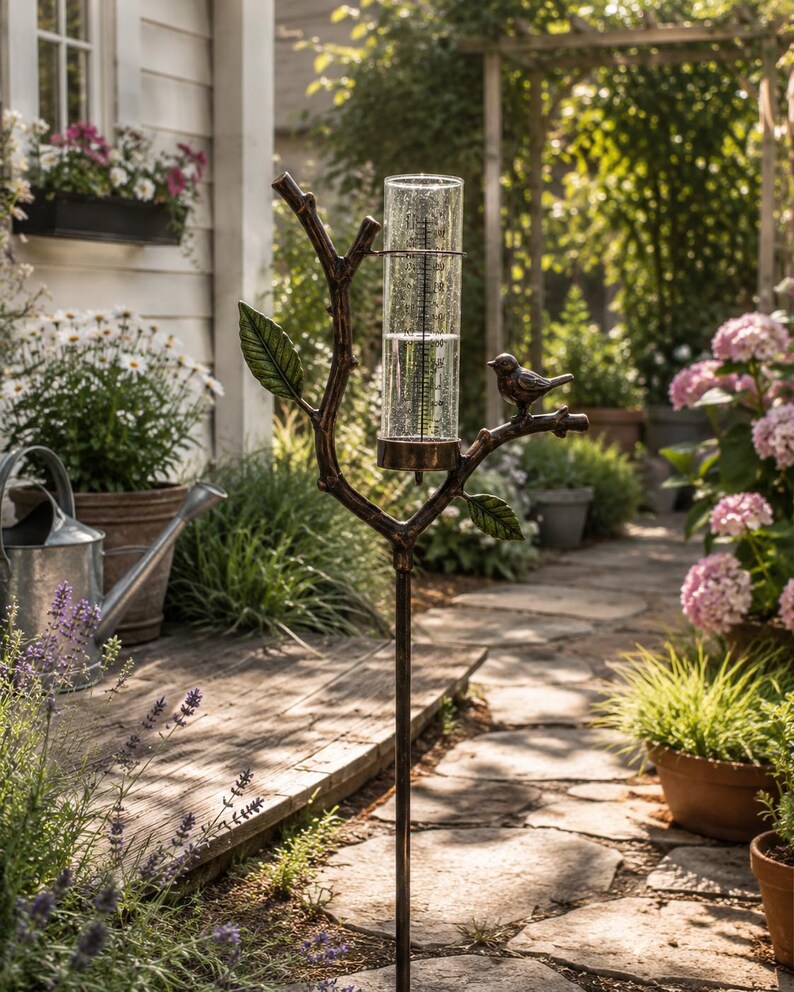 Pluviomètre décoratif à piquer en métal pour jardin, outil de mesure des précipitations extérieur, bronze