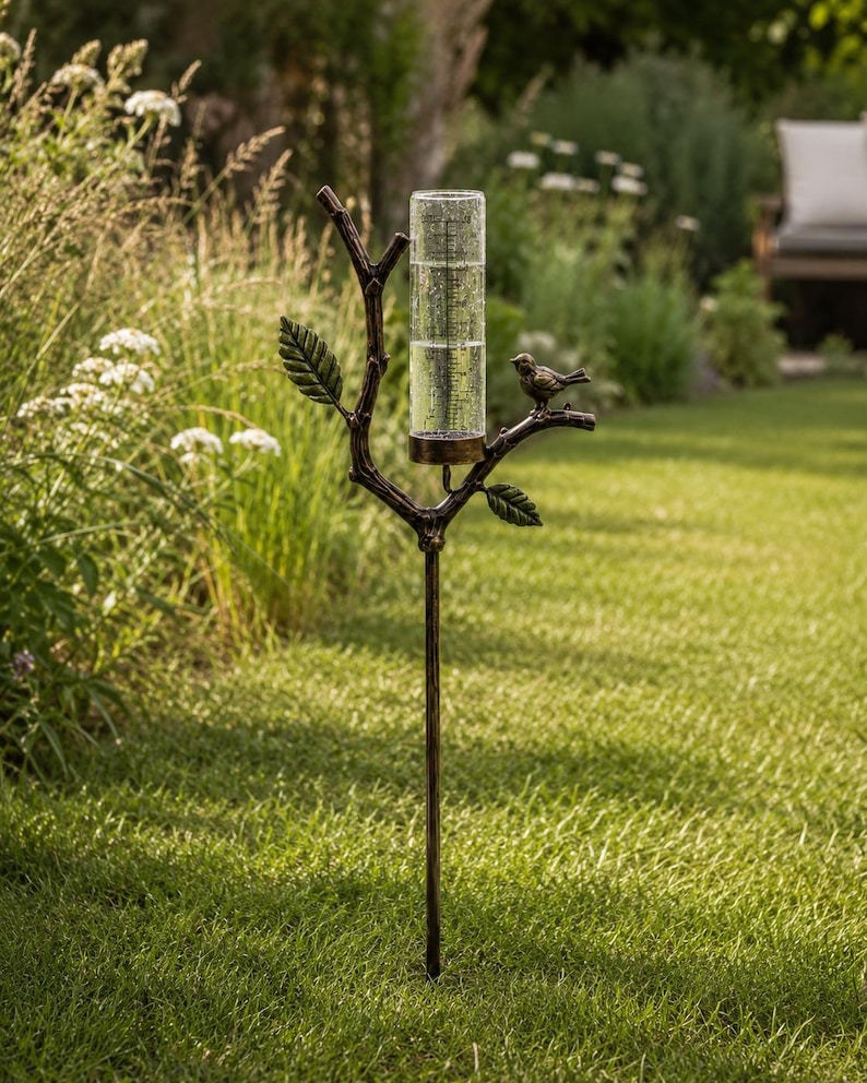 Pluviomètre décoratif à piquer en métal pour jardin, outil de mesure des précipitations extérieur, bronze