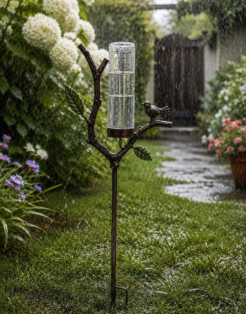 Pluviomètre décoratif à piquer en métal pour jardin, outil de mesure des précipitations extérieur, bronze