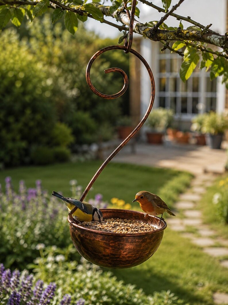 Mangeoire et bain d'oiseaux suspendus en métal, décoration de jardin rustique