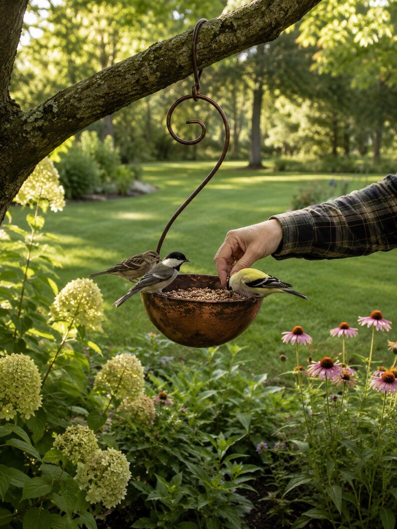 Mangeoire et bain d'oiseaux suspendus en métal, décoration de jardin rustique