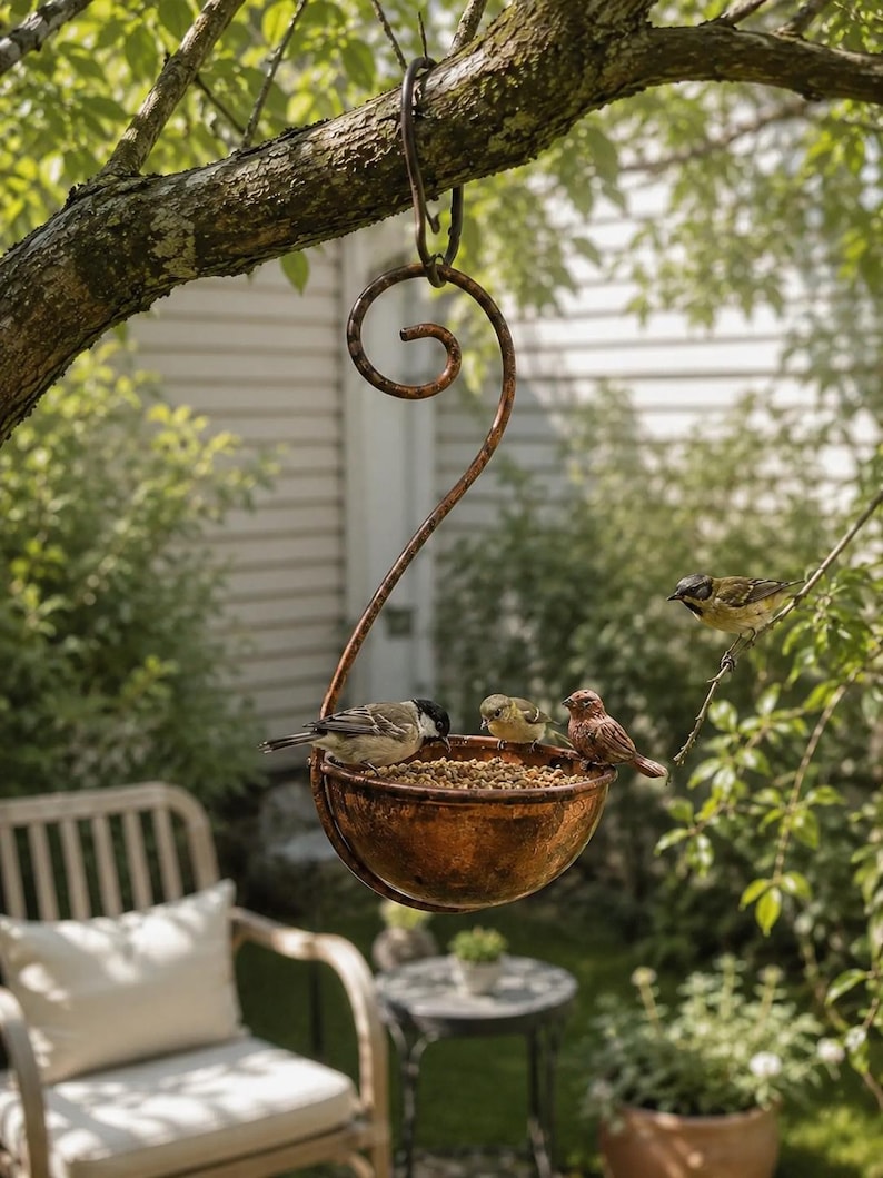 Mangeoire et bain d'oiseaux suspendus en métal, décoration de jardin rustique