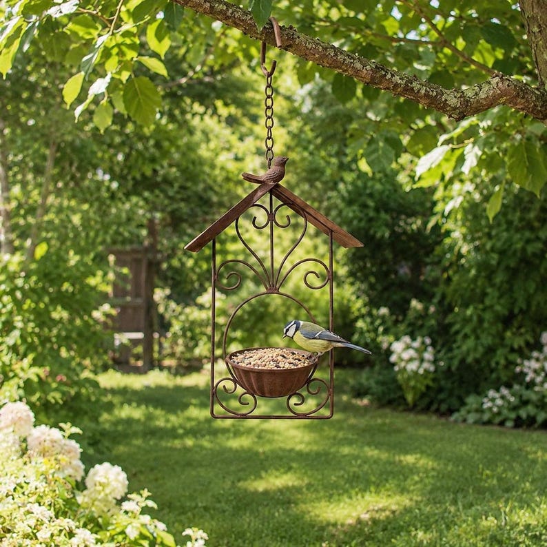 Mangeoire suspendue en métal résistante à la pluie pour oiseaux sauvages, vintage, extérieur, 17,5x44 cm, fer