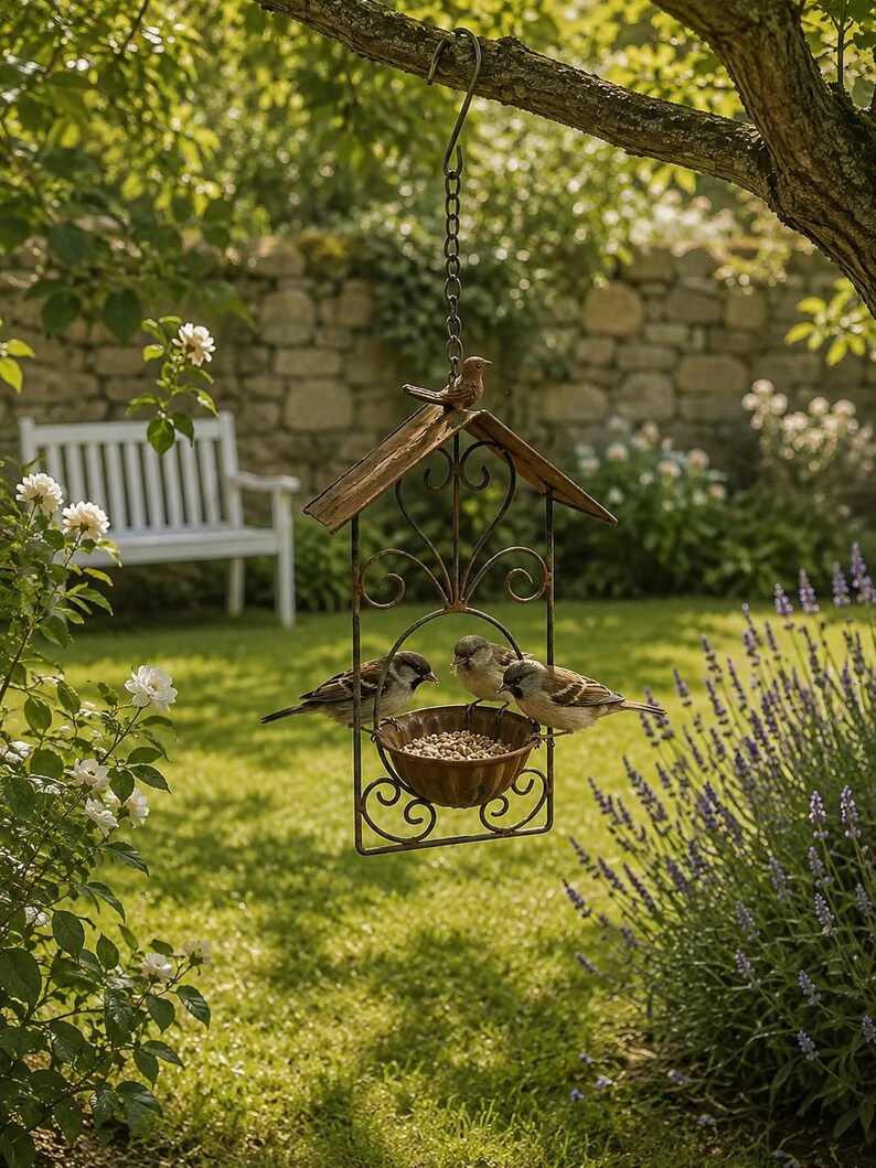 Mangeoire suspendue en métal résistante à la pluie pour oiseaux sauvages, vintage, extérieur, 17,5x44 cm, fer