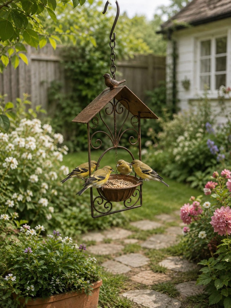 Mangeoire suspendue en métal résistante à la pluie pour oiseaux sauvages, vintage, extérieur, 17,5x44 cm, fer