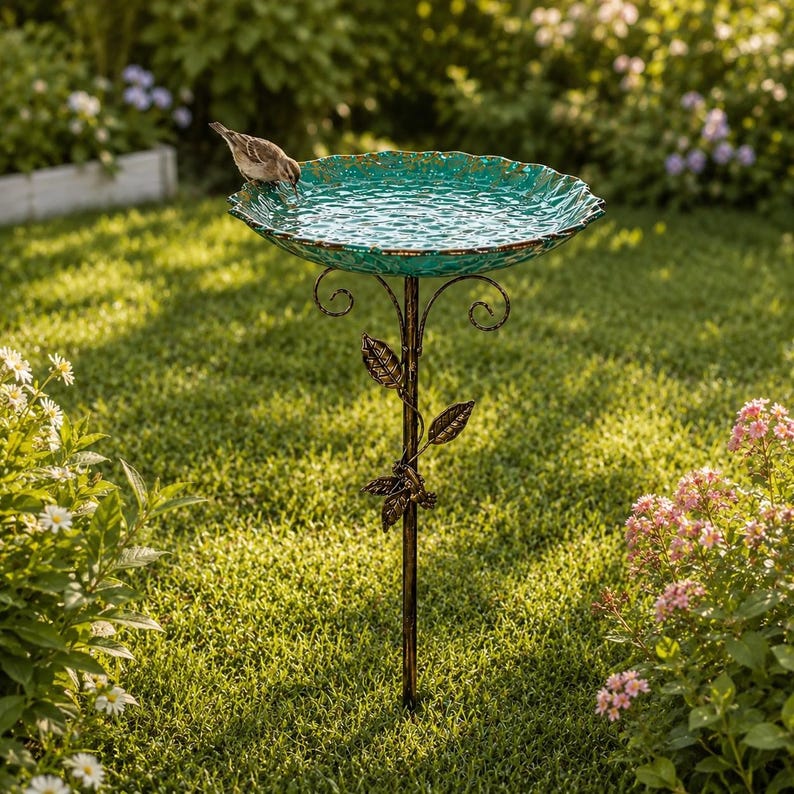 Bain d'oiseaux en métal avec piquet, bol d'eau pour jardin, pelouse, terrasse, parc, vert