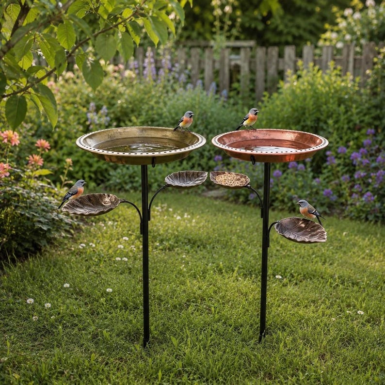 Bain d'oiseaux vintage en métal avec mangeoires en forme de feuille, finition cuivre antique, pour jardin et terrasse