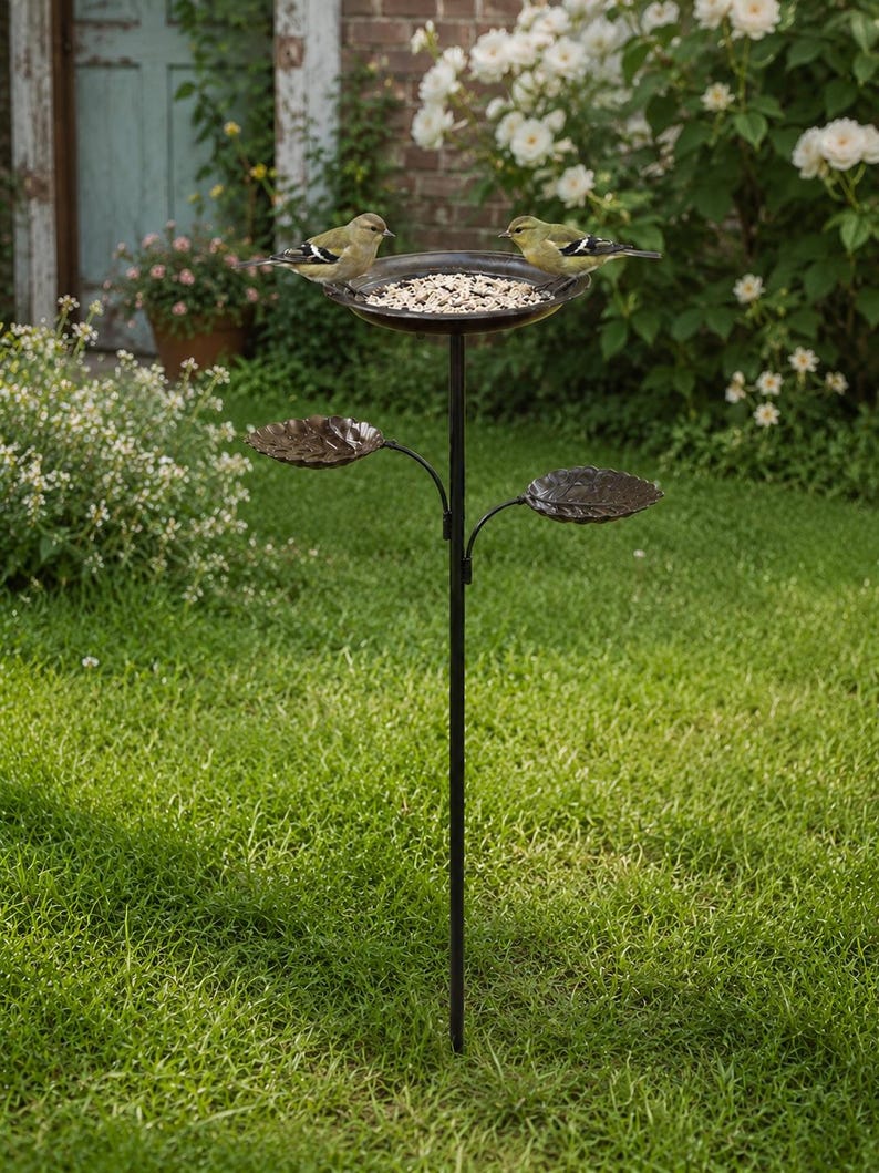 Bain d'oiseaux vintage en métal avec mangeoires en forme de feuille, finition cuivre antique, pour jardin et terrasse
