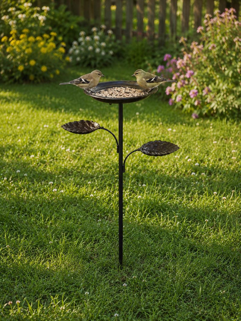 Bain d'oiseaux vintage en métal avec mangeoires en forme de feuille, finition cuivre antique, pour jardin et terrasse