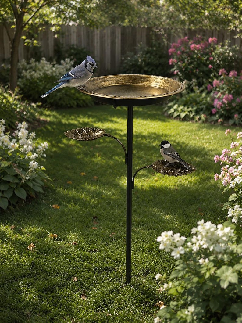Bain d'oiseaux vintage en métal avec mangeoires en forme de feuille, finition cuivre antique, pour jardin et terrasse