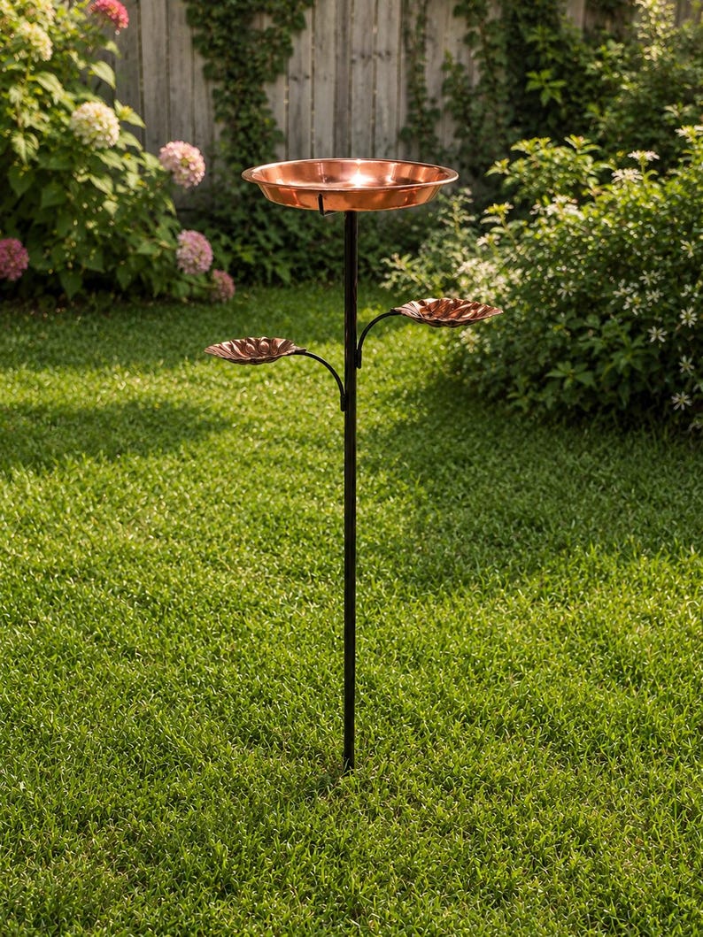Bain d'oiseaux vintage en métal avec mangeoires en forme de feuille, finition cuivre antique, pour jardin et terrasse