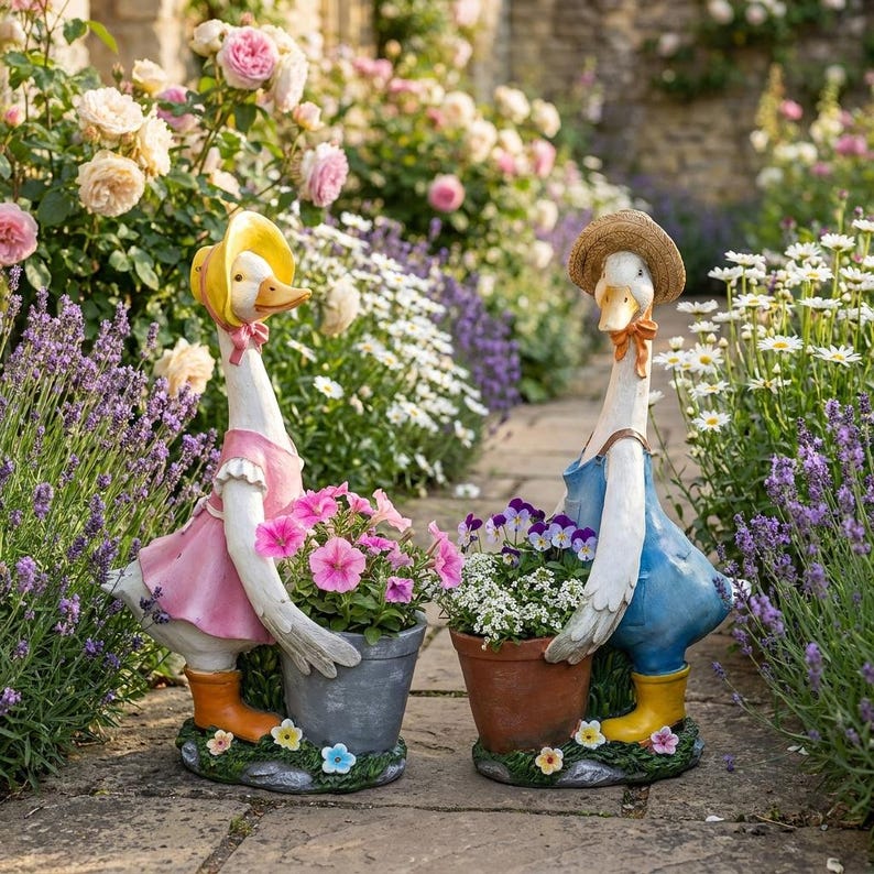 Couple de jars décoratifs en résine avec jardinières, ornement de jardin champêtre, décoration de patio, 36,3 cm