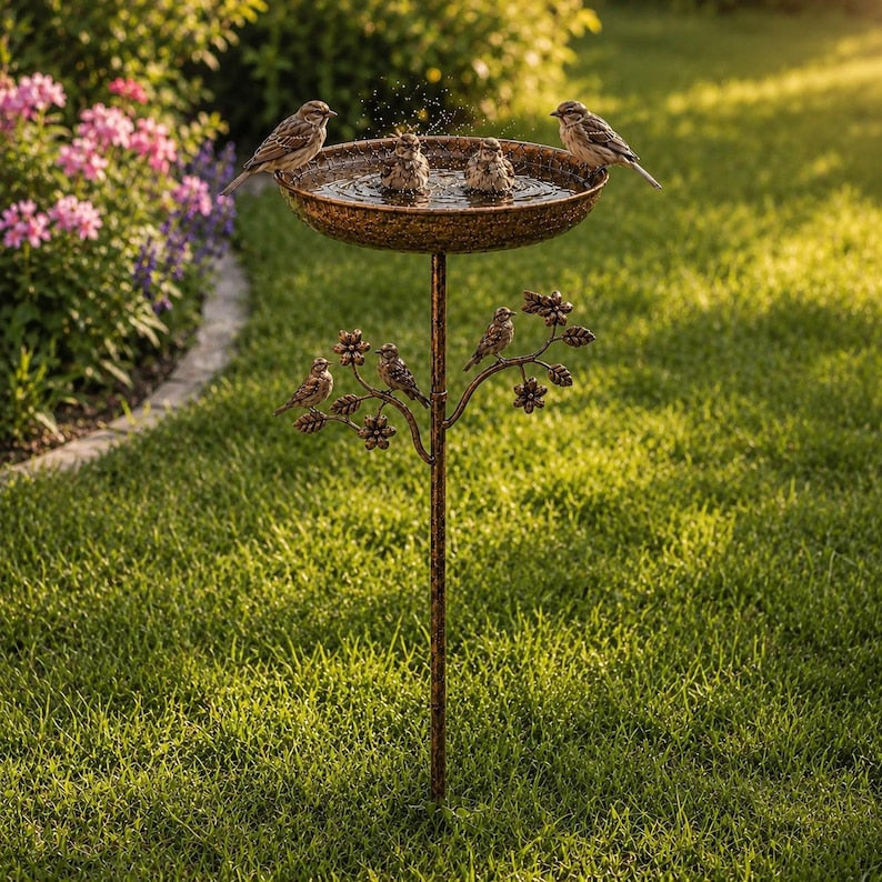 Piquet de jardin en métal pour bain d'oiseaux vintage, mangeoire extérieure rustique