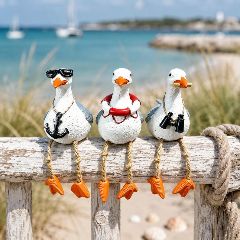 Lot de 3 figurines de mouette suspendues en résine pour étagère, décoration nautique de jardin intérieur/extérieur, 20 cm
