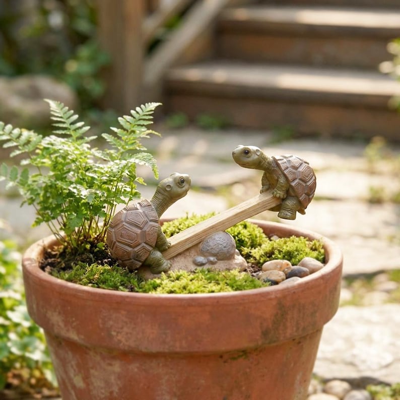 Figurine de tortue en résine à bascule pour jardin, décoration fantaisiste pour pot de fleurs, ornement féerique miniature