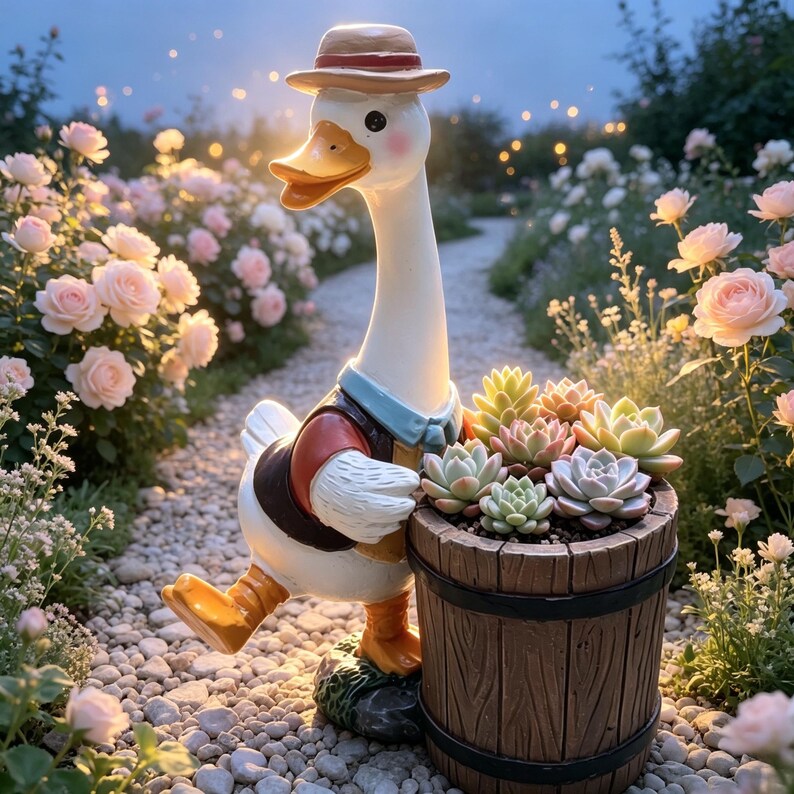 Pot de fleurs en résine canard fermier avec jardinière tonneau pour plantes succulentes, décoration jardin extérieur