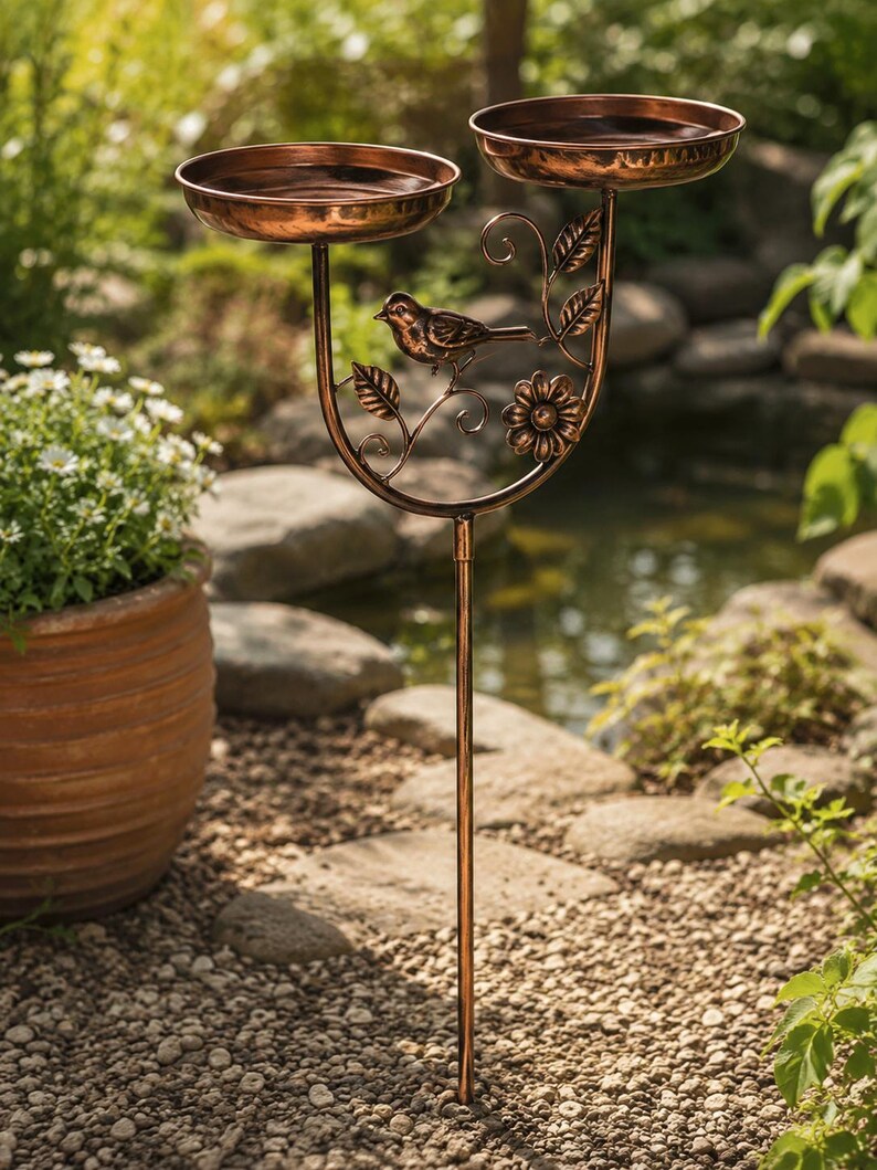 Bain d'oiseaux double en cuivre antique avec mangeoire, métal résistant aux intempéries, pour jardin et terrasse