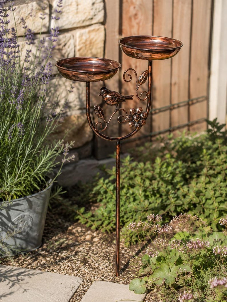Bain d'oiseaux double en cuivre antique avec mangeoire, métal résistant aux intempéries, pour jardin et terrasse
