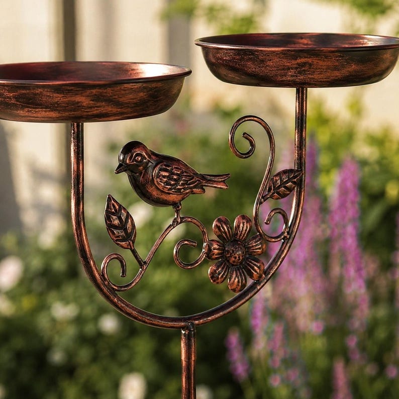 Bain d'oiseaux double en cuivre antique avec mangeoire, métal résistant aux intempéries, pour jardin et terrasse