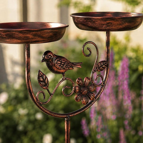 Bain d'oiseaux double en cuivre antique avec mangeoire, métal résistant aux intempéries, pour jardin et terrasse
