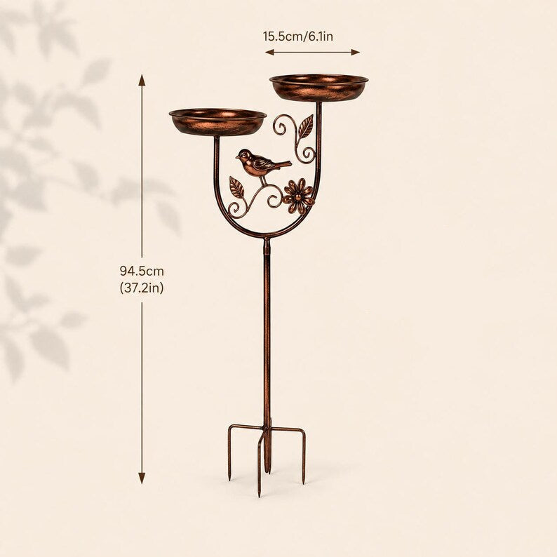 Bain d'oiseaux double en cuivre antique avec mangeoire, métal résistant aux intempéries, pour jardin et terrasse