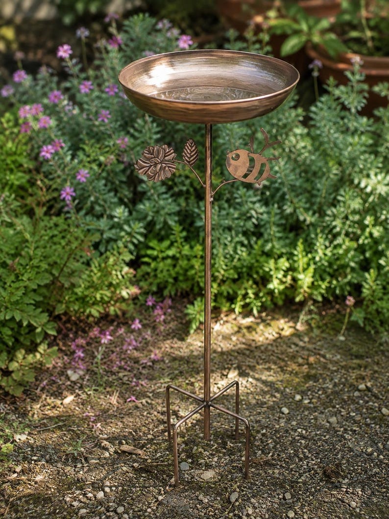 Bain d'oiseaux en cuivre antique avec piquet, mangeoire pour oiseaux, décoration de jardin avec abeilles, 76 cm