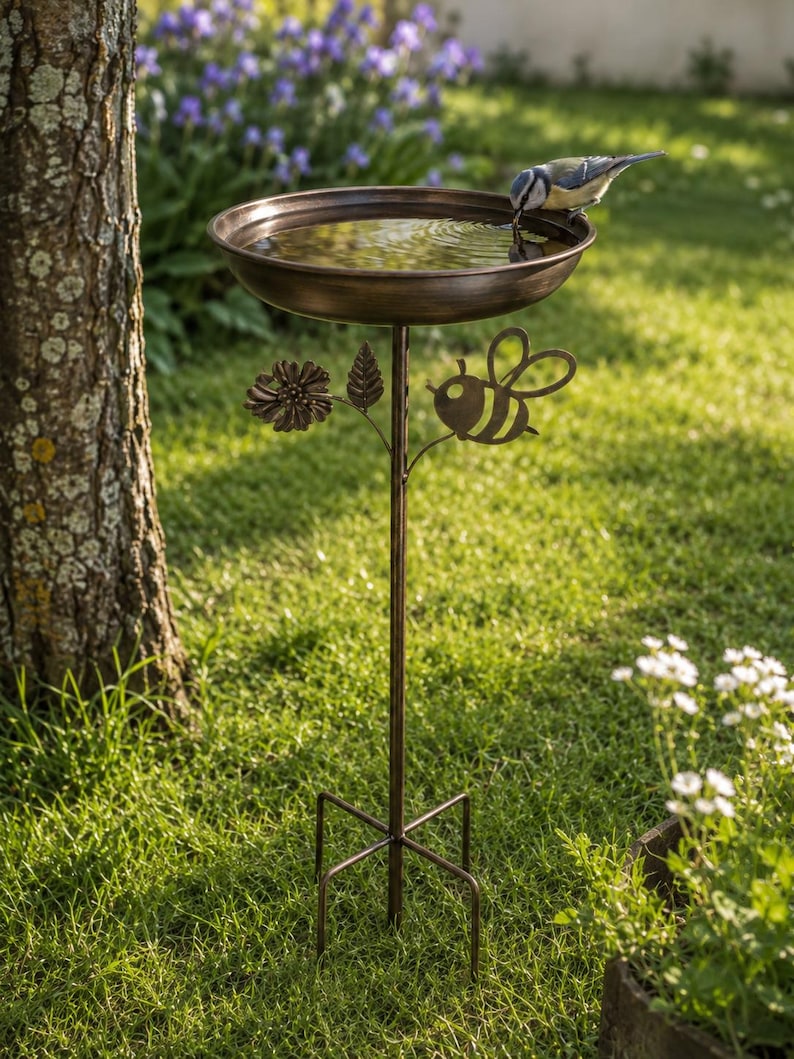 Bain d'oiseaux en cuivre antique avec piquet, mangeoire pour oiseaux, décoration de jardin avec abeilles, 76 cm