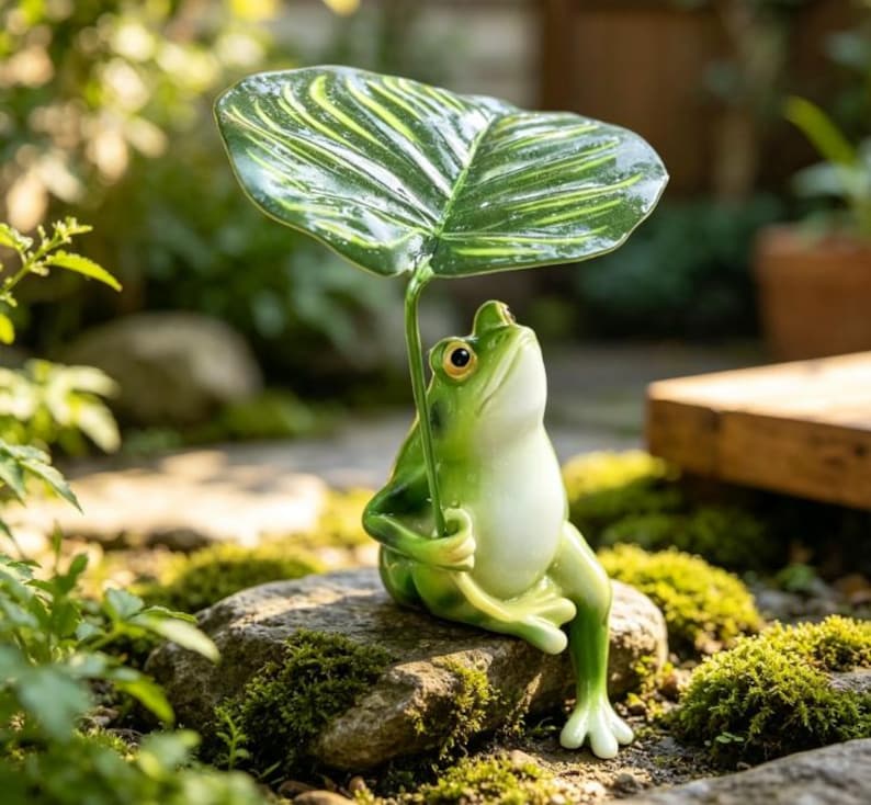 Grenouille en résine tenant une feuille, statue de jardin féérique, décoration de bureau pour plantes