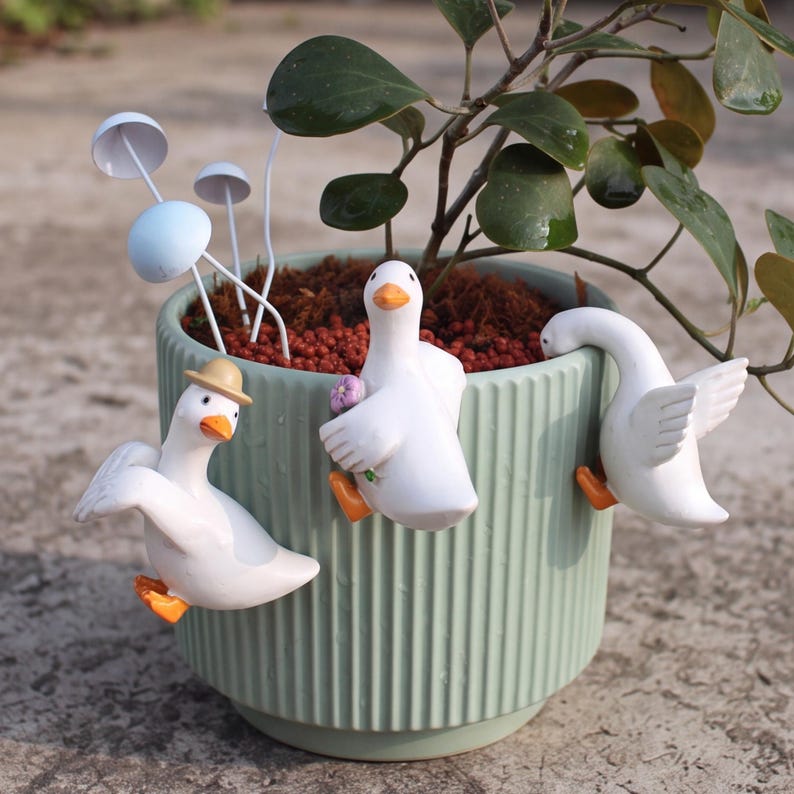 Lot de 3 Supports pour Pots de Fleurs Résine Forme Canard Décor Jardin