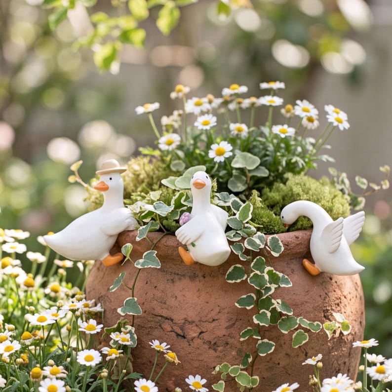Lot de 3 Supports pour Pots de Fleurs Résine Forme Canard Décor Jardin