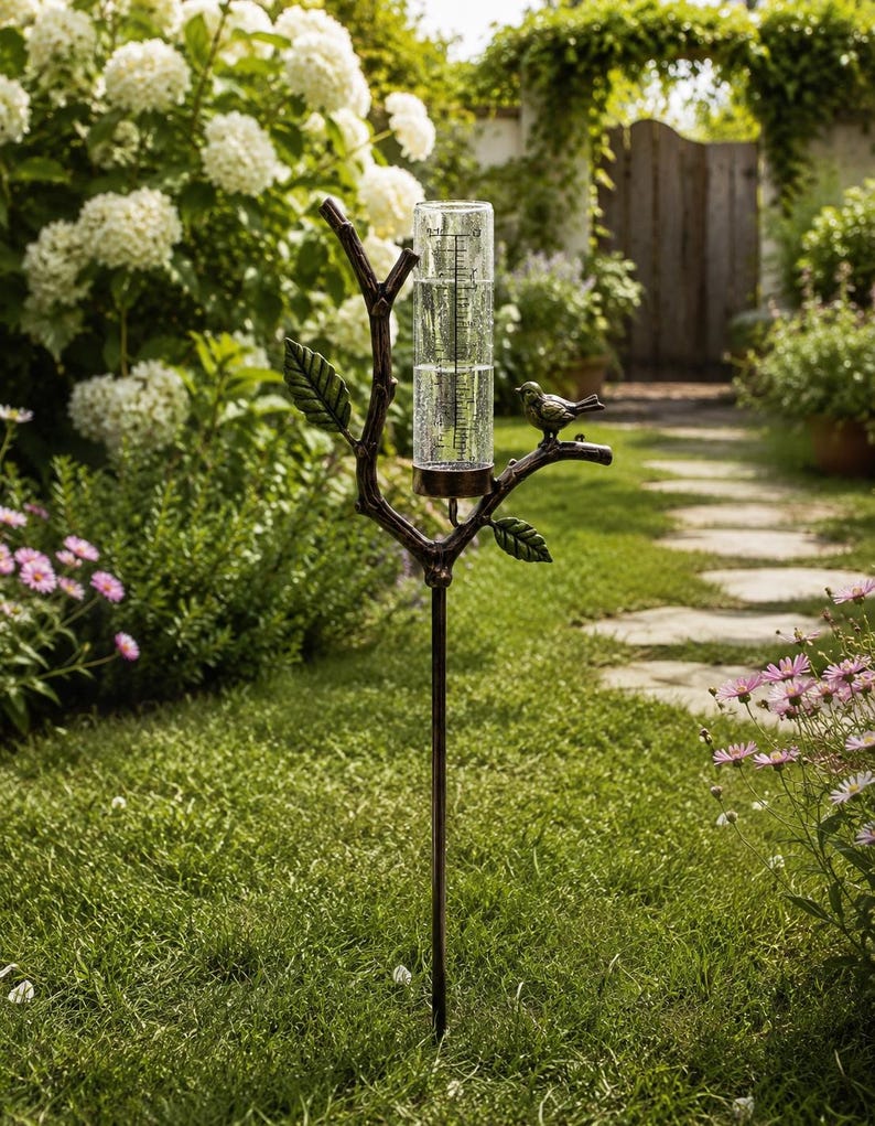 Pluviomètre décoratif à piquer en métal pour jardin, outil de mesure des précipitations extérieur, bronze