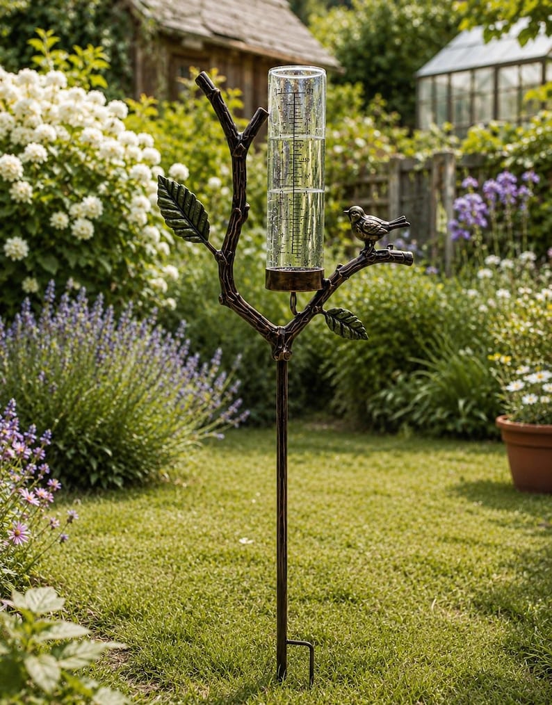 Pluviomètre décoratif à piquer en métal pour jardin, outil de mesure des précipitations extérieur, bronze