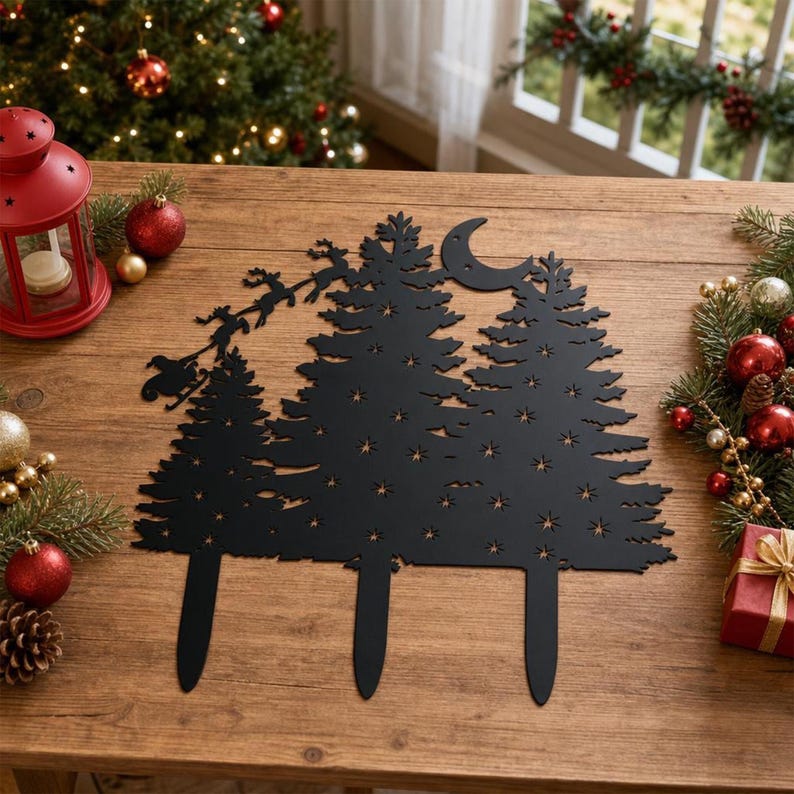 Scène de Noël en métal pour jardin, traîneau du Père Noël, pins enneigés, lune et étoile, décoration festive extérieure