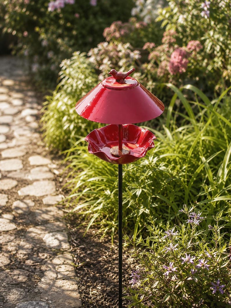 Abreuvoir à oiseaux en métal à pétales ondulés, piquet de jardin, gamelle d'eau extérieure sur pied, décoration rustique pour jardin